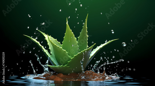 Green aloe vera leaf with dew drops background