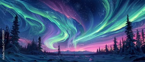 Space wallpaper. Mesmerizing dance of the auroras swirling across the night sky, painting it with vibrant hues of green, purple, and pink against a backdrop of twinkling stars