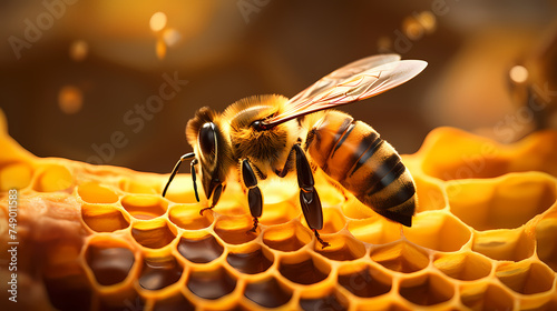 A swarm of bees working hard on a honeycomb with copy space in the background