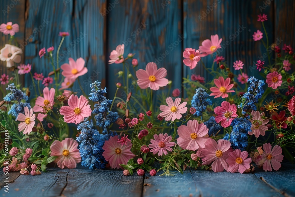Backdrop with floral garden on blue wooden table.
