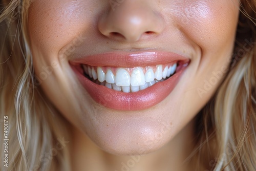 A beautiful smile with straight white teeth is shown holding a dental whitening tray, girl using dental whitener. High-resolution dental beauty concept image.