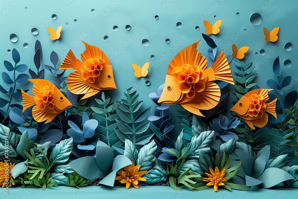 A creative collage featuring a group of paper fish sitting on top of leaves, international day for biological diversity 