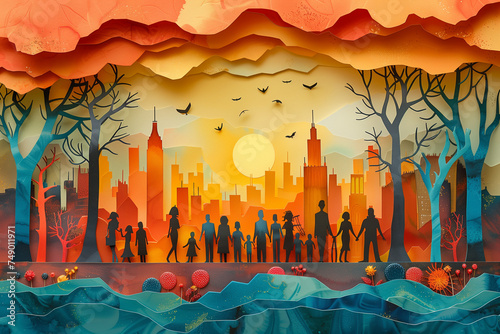 A painting depicting a diverse group of individuals standing together in front of a bustling city skyline, for the international day of families photo