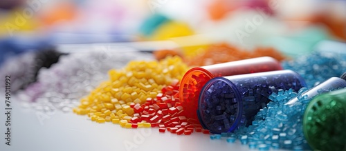 A row of vibrant, colorful beads neatly lined up on a flat surface, creating a visually appealing display of different hues and sizes. The beads are stationary and do not appear to be in use for any