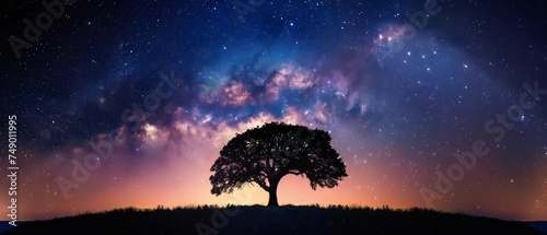 Space wallpaper. Silhouette of a lone tree against the backdrop of the night sky, with the majestic sweep of the Milky Way arching overhead, casting its ethereal light upon the landscape