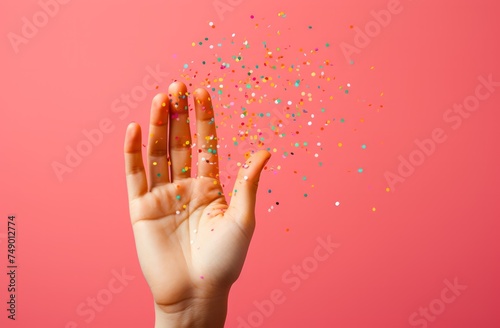 a woman's hand is reaching towards some bright confetti with an orange backgr...