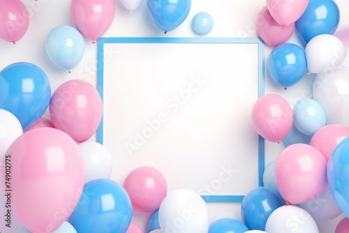 blue balloons are floating on a background with a square frame behind them