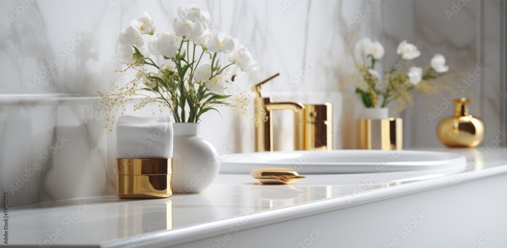 a white marble and gold bathroom with some flowers and potted plants a white marble and gold bathroom with some flowers and potted plants