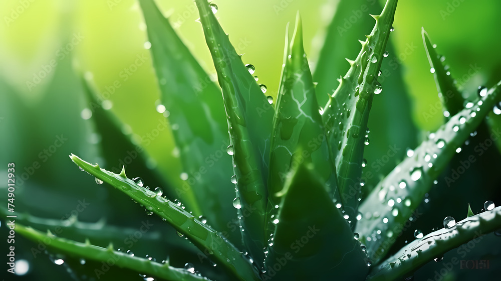 Green aloe vera leaf with dew drops background Green aloe vera leaf with dew drops background