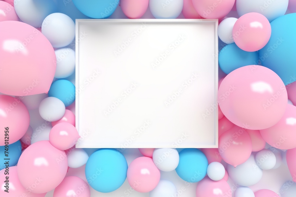 blue balloons are floating on a background with a square frame behind them
