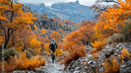 cyclist riding through a rugged mountain trail, with vibrant autumn foliage c...