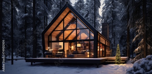 a wooden cabin on the snow covered woods