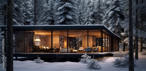 a wooden cabin on the snow covered woods