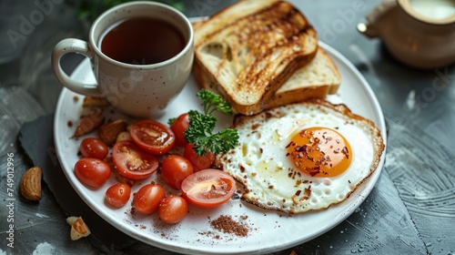 An elegant English breakfast presentation, featuring neatly arranged ingredie...