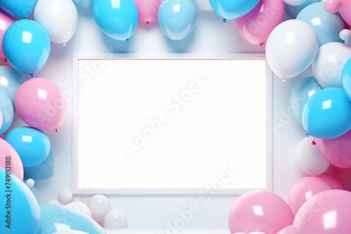 blue balloons are floating on a background with a square frame behind them