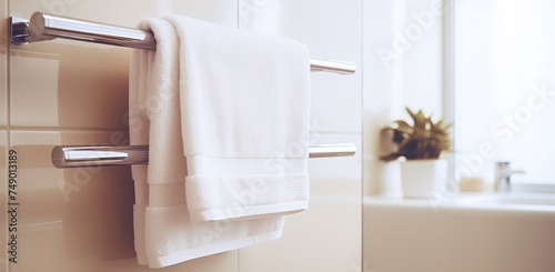 a towel rack sitting in a small white bathroom