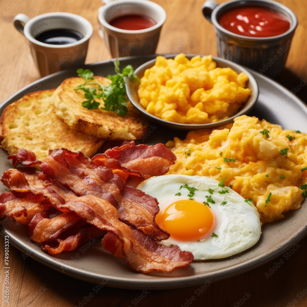 English breakfast featuring crispy hash browns, fluffy scrambled eggs, and grilled bacon