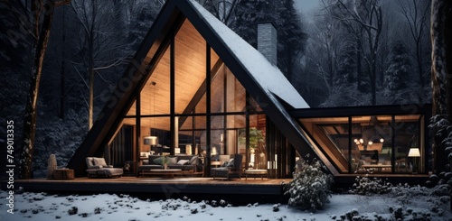 a wooden cabin on the snow covered woods