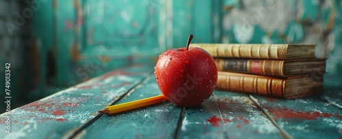 books, red apple, pencil and yellow straw on a green background