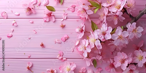pink cherry blossoms with leaves on a pretty pink wood table