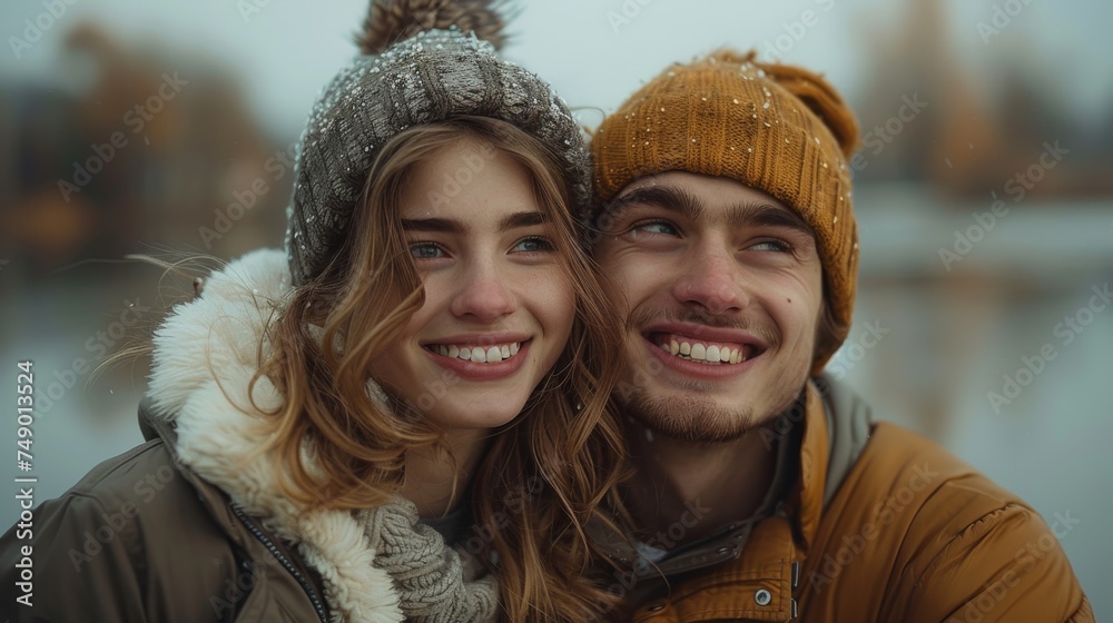 Couple sitting on pier near a lake, embracing and smiling.