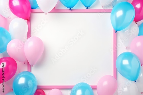 blue balloons are floating on a background with a square frame behind them