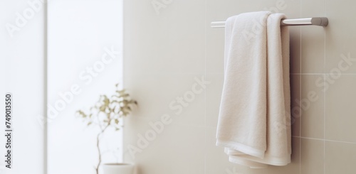 a towel rack sitting in a small white bathroom
