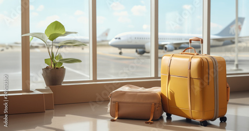 an airplane is flying over a picture, and luggage is shown in the window