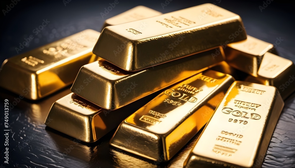 Golden ingots on dark background macro Golden ingots on dark background macro