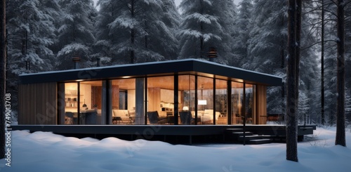 a wooden cabin on the snow covered woods