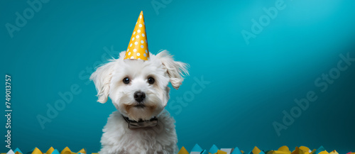 a white dog in a party hat