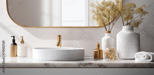 a room with a bathroom with white marble countertop and gold