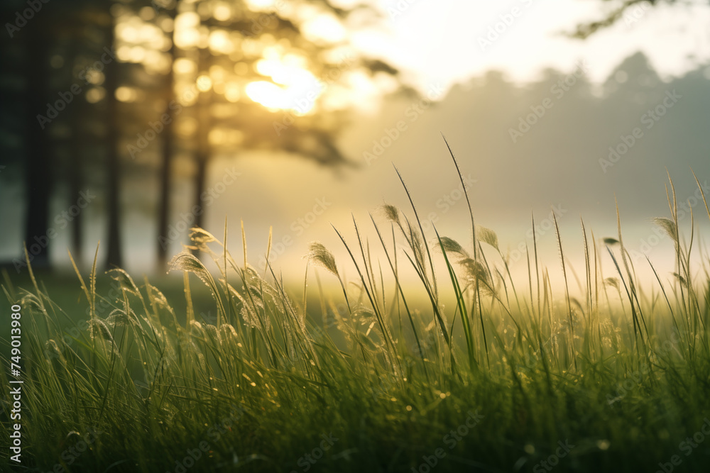 Close-up of blades of grass in a clearing in the forest in the early morning with dew and fog Close-up of blades of grass in a clearing in the forest in the early morning with dew and fog