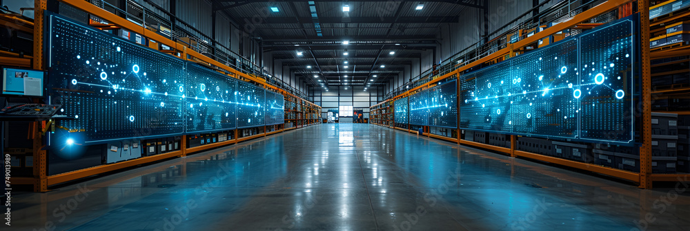 Digital Warehouse with Electronic Grids Connected to a Barcode Scanner,
A close up of a warehouse with a light at the end of the aisle