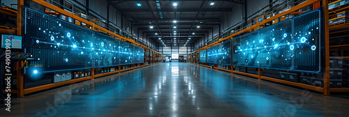 Digital Warehouse with Electronic Grids Connected to a Barcode Scanner, A close up of a warehouse with a light at the end of the aisle