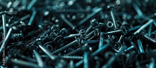 A close-up view of a pile of screws neatly arranged next to each other. Each screw is uniform in size and shape, showcasing their industrial purpose of fastening materials together. photo