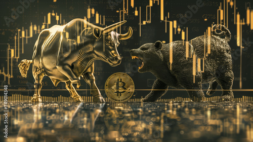 A bull and a bear, representing the stock market, fiercely fighting over a bitcoin