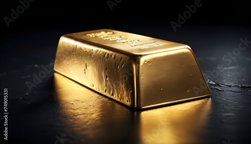 Gold ingot isolated on dark background close-up photo