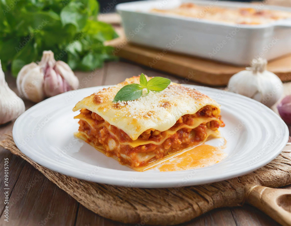 Baked lasagna with mozzarella cheese with bolognaise sauce.
