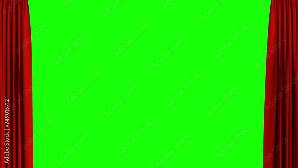 Red curtain opening with green screen background. Theater stage with red velvet curtains opening on green screen, black and white background. 3d animation