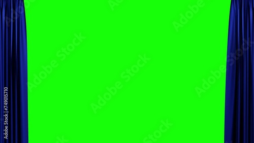 Blue curtain opening with green screen background. Theater stage with blue velvet curtains opening on green screen, black and white background. 3d animation photo