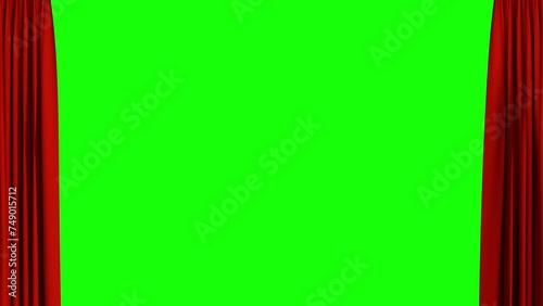 Red curtain opening with green screen background. Theater stage with red velvet curtains opening on green screen, black and white background. 3d animation photo