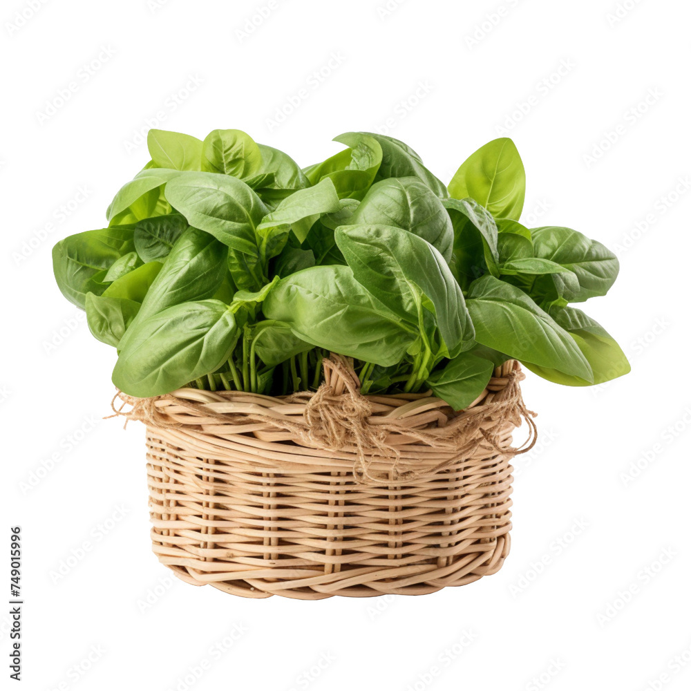Spinach in a Beautiful Wicker Basket - PNG Cutout with Transparent Backdrop Spinach in a Beautiful Wicker Basket - PNG Cutout with Transparent Backdrop