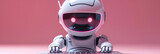 Pink robot toy isolated 3d image,
Baby robot on Sci FI grunge damaged metallic corridor background with neon light
