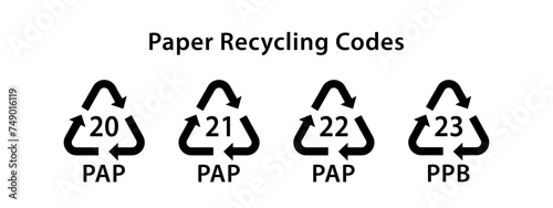 paper recycling codes, vector black eco symbols