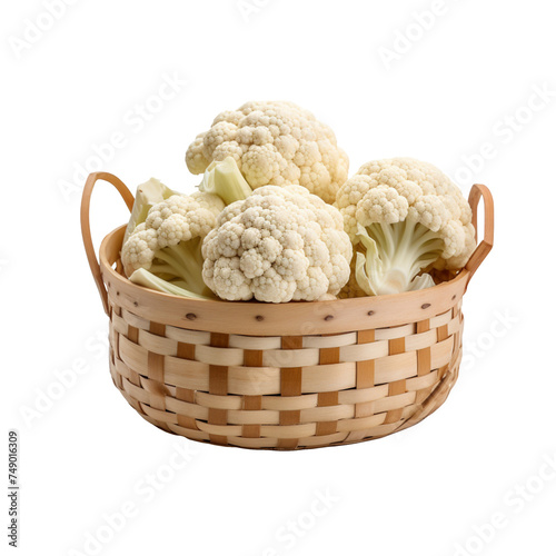 Cauliflower in a Beautiful Wicker Basket - PNG Cutout with Transparent Backdrop	