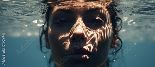The reflection of a beautiful young womans face can be seen in the rippling water, creating a mesmerizing visual effect.