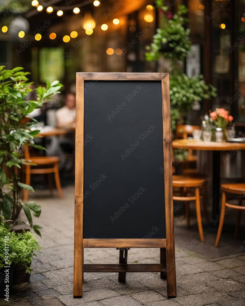 Empty blackboard near outdoor cozy cafe on pavement street of city on blurred background. Mock up sign for menu text or advertising