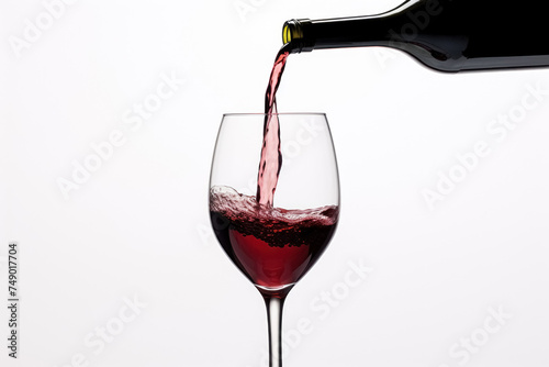 Close up red wine is poured from bottle into glass on white clean background