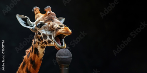 Funny giraffe is singing song in microphone, records track in recording studio. Banner with giraffe musician on black background with copy space